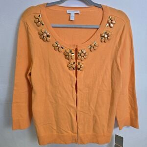 Charter Club Embellished‎ Cardigan, Bright Apricot, Women's Size Large, New